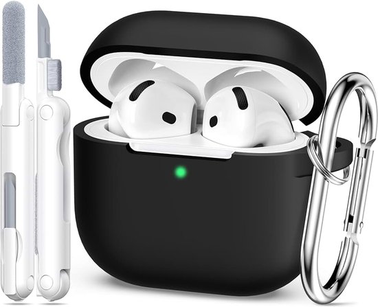 Compatibel met AirPods 4 Generatie Case Cover 2024, Militair Kwaliteit Zacht Siliconen, Schokabsorptie, Compatibel met AirPods 4 Case met Sleutelhanger en Reinigingsset, zwart