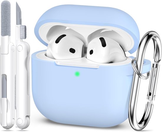 compatibel met AirPods 4 generatie hoesje 2024, zachte siliconen van militaire kwaliteit, schokabsorptie, compatibel met AirPods 4-hoesje met sleutelhanger en reinigingsset,Hemelsblauw