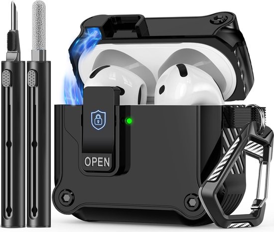 Compatibel met AirPods 4 hoes, automatische Snap Switch Secure Case voor Apple Air Pods 4 (2024/ANC), met reinigingsset en koolstofvezel design karabijnhaak, zwart