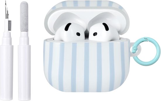Compatibel met AirPods 4 hoes met reinigingsset, schattig gestreept patroon, esthetisch design, stootvaste en krasbestendige TPU-beschermhoes met sleutelhanger, voor vrouwen en meisjes, blauw