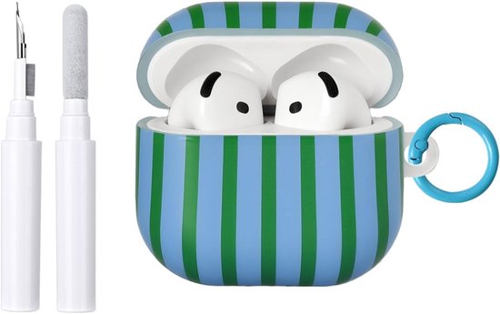 Compatibel met AirPods 4 hoes met reinigingsset, schattig gestreept patroon, esthetisch design, stootvaste en krasbestendige TPU-beschermhoes met sleutelhanger, voor vrouwen en meisjes, groen