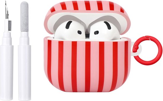 Compatibel met AirPods 4 hoes met reinigingsset, schattig gestreept patroon, esthetisch design, stootvaste en krasbestendige TPU-beschermhoes met sleutelhanger, voor vrouwen en meisjes, rood van compatibel