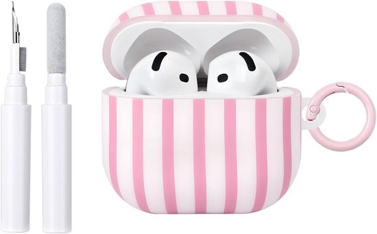 Compatibel met AirPods 4 hoes met reinigingsset, schattig gestreept patroon, esthetisch design, stootvaste en krasbestendige TPU-beschermhoes met sleutelhanger, voor vrouwen en meisjes, roze