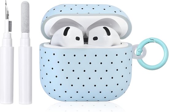 Compatibel met AirPods 4 Hoes met reinigingsset, schattig stippenpatroon, esthetisch golvend patroon, krasbestendige sleutelhangers, zachte hoes voor oordopjes en telefoon - blauw