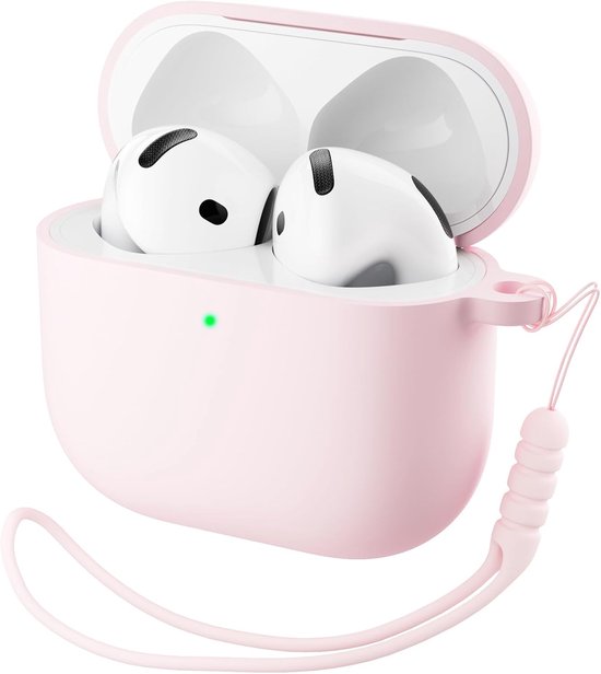 Compatibel met Airpods 4-hoesje, vloeibare siliconen hoes met sleutelkoord, hybride huid en zichtbare LED-beschermhoes aan de voorkant voor Airpods 4e generatie (2024) - roze