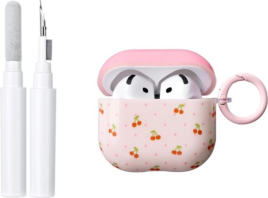 Compatibel met AirPods 4e generatie (2024) beschermhoes met reinigingsset, sleutelhoes van zacht TPU, schokbestendig, esthetisch motief met kersenstippen voor AirPods 4, kersenroze