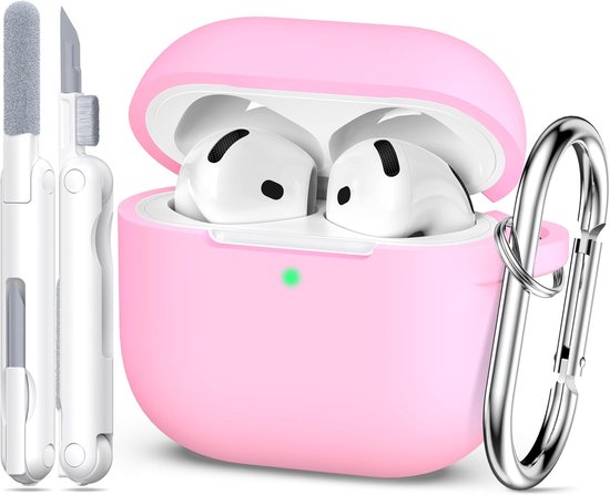 Compatibel met AirPods 4e generatie hoesje 2024, zachte siliconen van militaire kwaliteit, schokabsorptie, compatibel met AirPods 4-hoesje met sleutelhanger en reinigingsset, roze
