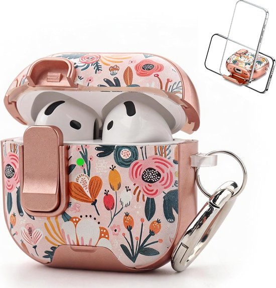 compatibel met AirPods 4e generatie schattige bloemen AirPods 4 hoes met slot roze bessen bloem shell met telefoonstandaard functie & karabijnhaak