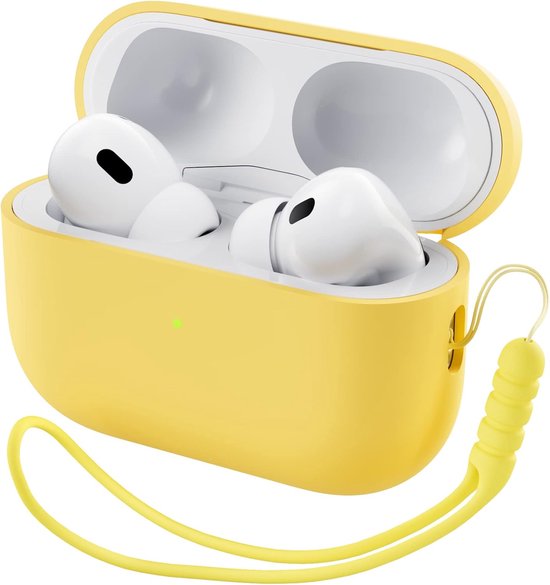 Compatibel met Airpods Pro 2 hoesje (2022), beschermende vloeibare siliconen hoes voor Airpods Pro 2e Generatie met Lanyard Zachte Huid Front LED Zichtbaar - Citroengeel