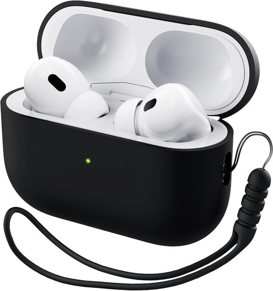Compatibel met Airpods Pro 2 hoesje (2022), beschermende vloeibare siliconen hoes voor Airpods Pro 2e generatie met sleutelkoord zachte huid voorkant led zichtbaar-zwart