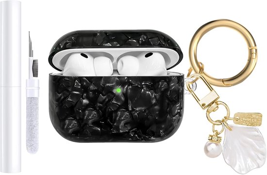 Compatibel met AirPods Pro 3 2025 hoes, zachte TPU hoes met patroon voor AirPods Pro 3e generatie, hoes met parelmoer sleutelhanger en reinigingsset (zwart) van compatibel