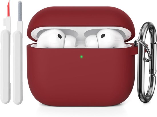 Compatibel met AirPods Pro 3 2025 met reinigingsset, beschermhoes van zachte siliconen voor AirPods Pro 3e generatie met karabijnhaak, zichtbare led aan de voorkant, bordeaux