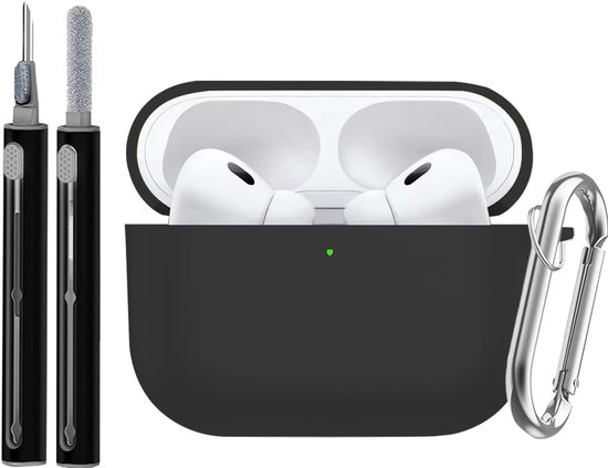 Compatibel met AirPods Pro 3, beschermhoes van siliconen, met sleutelring en reinigingsstift, ultradun, zacht, schokbestendig, antislip (zwart)