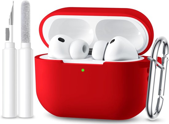 Compatibel met AirPods Pro 3 Case 2025, beschermhoes van zachte siliconen, schokbestendig, voor Apple AirPods Pro 3 generatie, laag met reinigingsset en karabijnhaak, zichtbare led, rood
