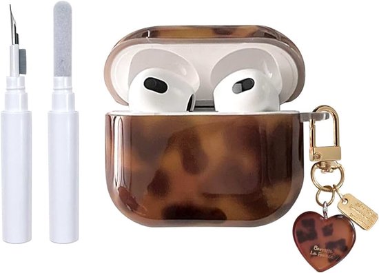Compatibel met AirPods Pro 3, hoes met reinigingsset, schattig bruin luipaardpatroon, amber, schildpad, esthetisch design, schokbestendige liefdessleutelhanger, afdekking voor meisjes en