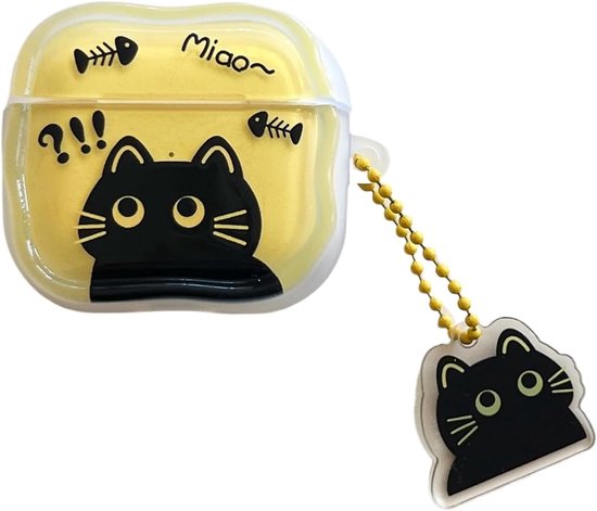 Compatibel met Airpods Pro 3 hoesje (2025), schattige cartoon leuke zwarte kat patroon ontwerp oortelefoon hoes met Kawaii hanger voor Airpod Pro 3