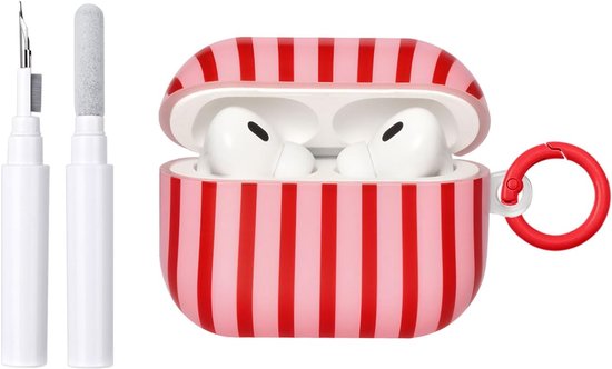 Compatibel met AirPods Pro 3e Generatie met Reinigingsset, Schattig Modieus Strepen Patroon Esthetisch Stripes Design, Schokbestendige Sleutelhanger Hoes - Rood