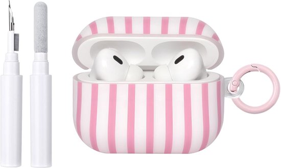 Compatibel met AirPods Pro/Pro 2 generatie beschermhoes met reinigingsset, schattig, modieus, strepenpatroon, esthetisch strependesign, schokbestendig, deur, sleuteldeksel, zachte hoes, roze