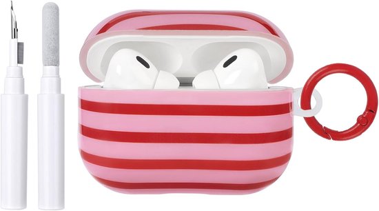 Compatibel met AirPods Pro/Pro 2, hoes met reinigingsset, schattig horizontaal gestreept patroon, stootvaste en krasbestendige TPU-beschermhoes met sleutelhanger, voor vrouwen en meisjes