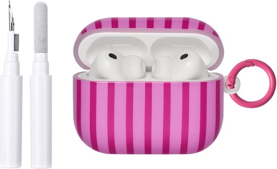 Compatibel met AirPods Pro/Pro 2e generatie beschermhoes met reinigingsset, schattig, strepenmotief, esthetisch strependesign, schokbestendig, voor deur, sleutel, zachte hoes, rozerood