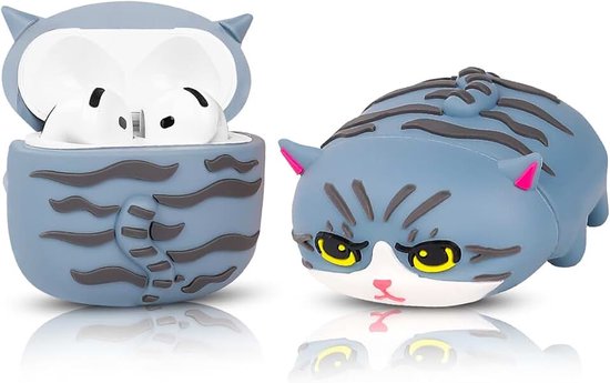 Compatibel met Apple Airpods 4 Case, beschermende grappige leuke 3D cartoon hoes met sleutelhanger [Papa Series] (Cat Blue)