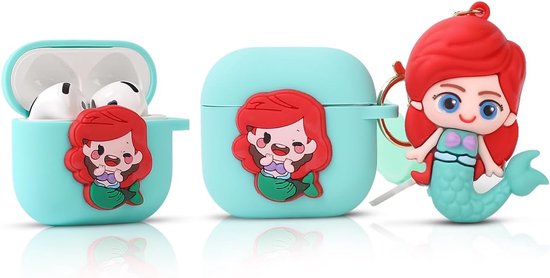 Compatibel met Apple AirPods 4, grappige en schattige beschermhoes met cartoonpatroon en sleutelhanger in de vorm van een pop (zeemeermin)