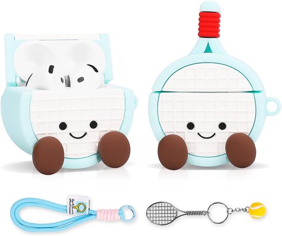Compatibel met Apple Airpods 4 Hoes Beschermend Grappig 3D Schattig Cartoon Afdekking met Sleutelring[Sport Serie] (Tennisracket)