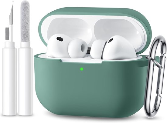 Compatibel met Apple AirPods Pro 3 hoes, zachte siliconen, stootvaste beschermhoes voor AirPods Pro 3 generatie, case cover 2025 met reinigingskit en karabijnhaak [led zichtbaar], dennengroen