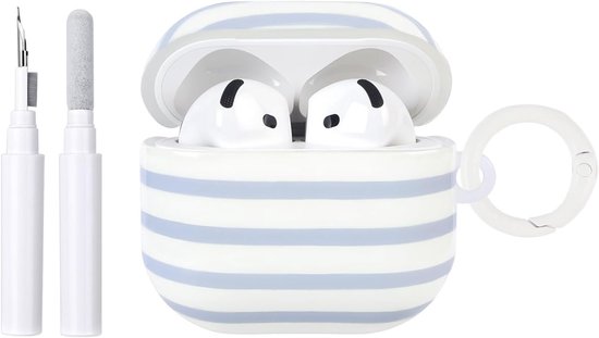 Compatibel met beschermhoes voor AirPods 4e generatie met reinigingsset, schattig, horizontale strepen, esthetisch strependesign, schokbestendig, voor deur, sleutel, zachte hoes, blauw