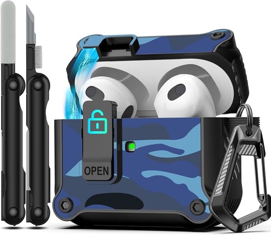 Compatible con Airpods 3.ª generación(2021) Estuche con clip de bloqueo seguro, Estuche protector rígido a prueba de golpes con kit de limpieza,blauwe camouflage