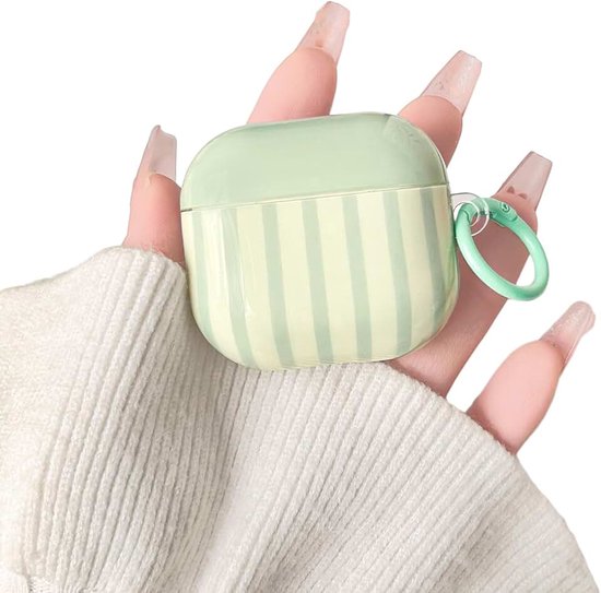 Compatible met AirPods 3 Hoesje Schattig Gestreept Strepen Esthetisch met Ronde Gesp Ontwerp voor Vrouwen Meisjes Zachte TPU bescherming Oortelefoonhoesje-Groen