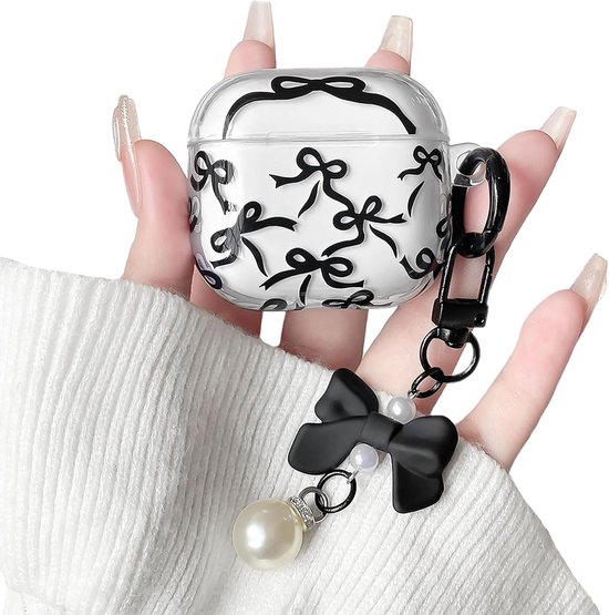 Compatible met Airpods 4 Hoesje Schattig Lint Strik met Lief Parel Ketting Ontwerp voor Vrouwen Meisjes Zachte TPU bescherming Transparante Oortelefoonhoesje-Zwart