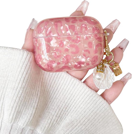 Compatible met Airpods Pro 1 Hoesje Schattig Luipaardprint Cool Cheetah met Schelp Ketting Ontwerp voor Vrouwen Meisjes Zachte TPU bescherming Oortelefoonhoesje-Roze