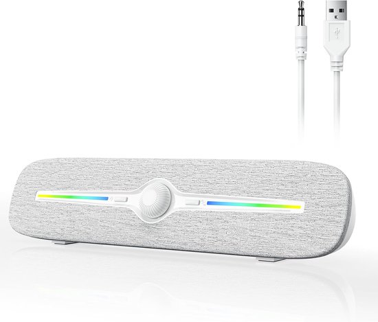Computer Luidsprekers - Soundbar PC - Muziek Luisteren - Kleurrijke LED - 32 cm Lengte - Wit