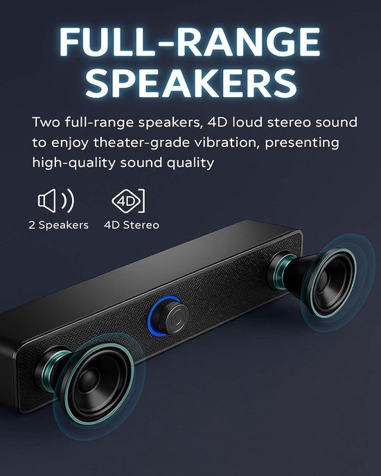 Computer Soundbar - PC Luidspreker - Muziek Luisteren - 15 Graden Gekanteld - 6 Watt Vermogen - Zwart