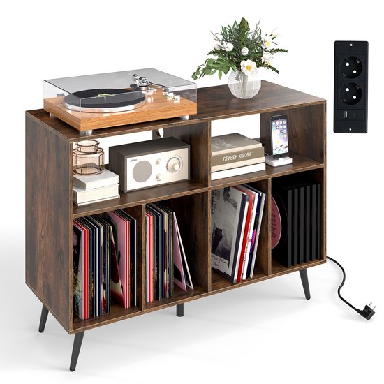 COSTWAY Draaitafel standaard met laadstation, draaitafel met vinyl opbergplanken, platenopbergtafel incl. 5 metalen poten, dressoir voor woonkamer, muziekkamer (bruin)