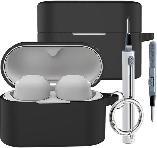 Cover voor Sony WF-1000XM6 hoes, led aan de voorkant zichtbaar, krasbestendige Bluetooth headset beschermhoes reinigingsset en sleutelhanger -zwart