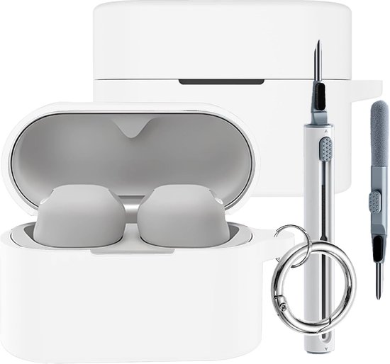 Cover voor Sony WF-1000XM6 hoes, zichtbare led aan de voorkant, krasbestendige Bluetooth headset beschermhoes, reinigingsset en sleutelhanger, wit