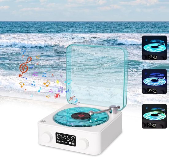 Creatieve Bluetooth-luidspreker in de stijl van een vinylplatenspeler, draagbare cd-speler die eruitziet als een draaitafel, draadloze luidspreker met sfeerverlichting.