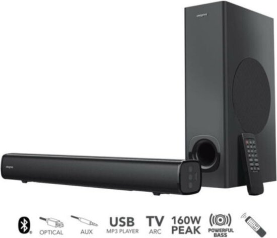 CREATIVE Stage 2.1-kanaals soundbar met subwoofer voor onder de TV, computer en ultrabrede monitoren, Bluetooth/optische ingang/TV ARC/AUX-in, afstandsbediening en wandmontageset,Zwart van Creative