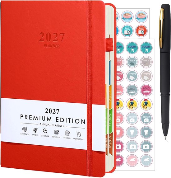 Dagplanner 2027, één dag per pagina, A5 dagplanner (januari – december 2027), schoolagenda 12 maanden met pen, gekleurde maandkaarten, penring