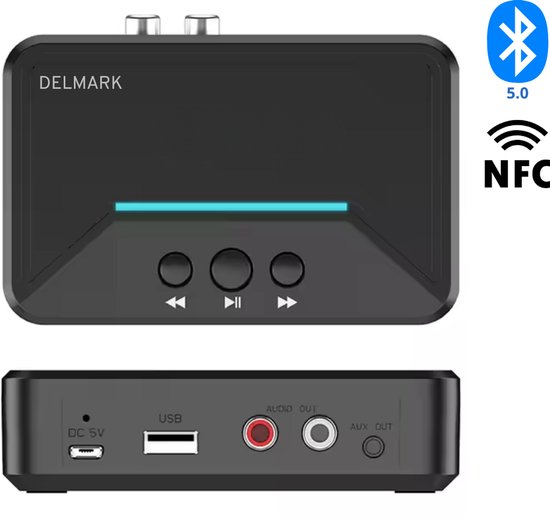 Delmark Bluetooth Ontvanger - BT 5.0 Receiver - 3.5mm AUX jack en RCA uitgang - HiFi Stereo Adapter - Bluetooth naar Aux - Bluetooth naar RCA van Delmark