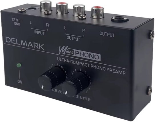 Delmark Phono Preamp - Voorversterker voor Platenspelers - RCA uitgang - RIAA Equalisatie - Met Volume- & Level-control