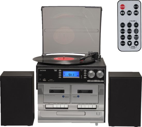 Denver Retro Platenspeler met Speakers - DAB Radio CD Speler - Dubbele Cassette - FM Radio - Hout - MRD166