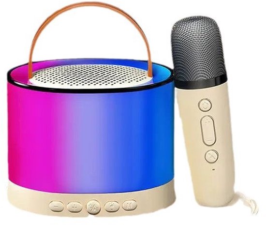 Deze mini-karaokemachine is uitgerust met een draadloze microfoon, draagbare 5.3-kanaals luidsprekers, 3 watt uitgangsvermogen, 52 mm driver-units en led-verlichting. Het is een ideaal draagbaar zangsysteem
