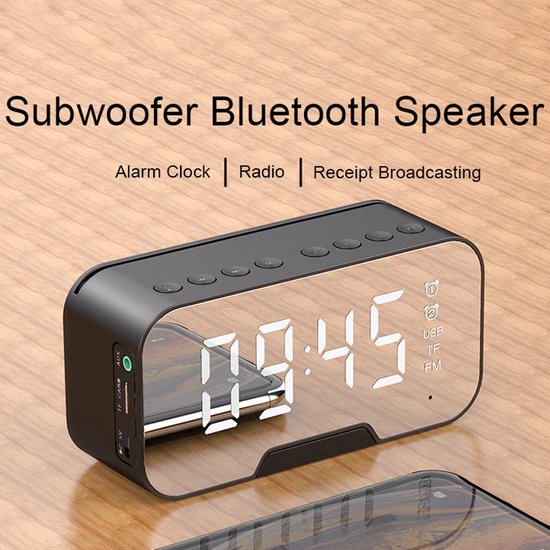 Digitale bluetooth speaker, KLOK met wekker en radio, spiegel en TF ingang. ZWART van Denver