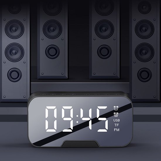 Digitale wekker met bluetooth speaker, radio, spiegel en TF ingang. zwart van Merkloos