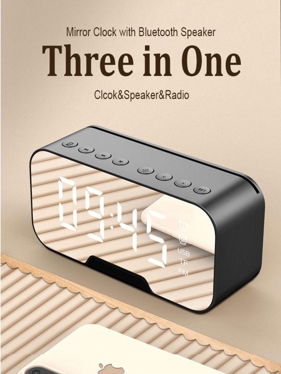 Digitale wekker met bluetooth speaker, radio, spiegel en TF ingang.