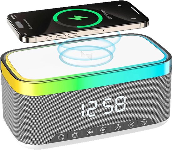 Digitale wekker, wekker met laadstation, radiowekker, radioklok, digitaal met bluetooth-luidspreker, 6 kleuren, nachtlampje, 15 W, draadloze oplader geschikt voor iPhone, Samsung