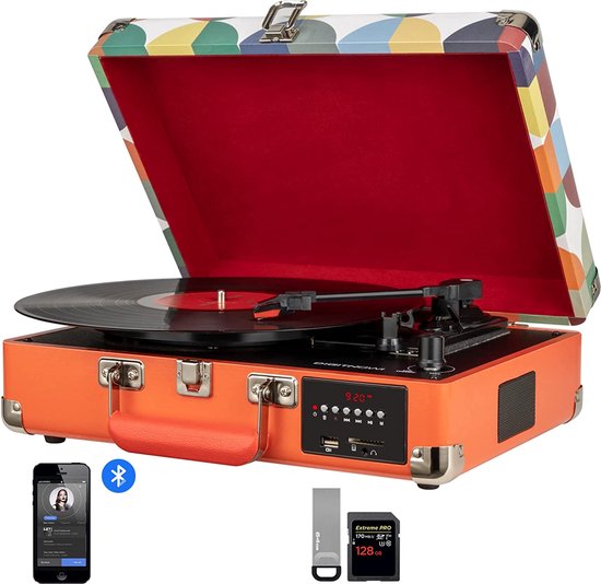 DIGITNOW! Bluetooth Vinyl/LP platenspeler met stijlvolle koffer-platenspeler, multifunctionele FM-radio, USB naar MP3-recorder/spele